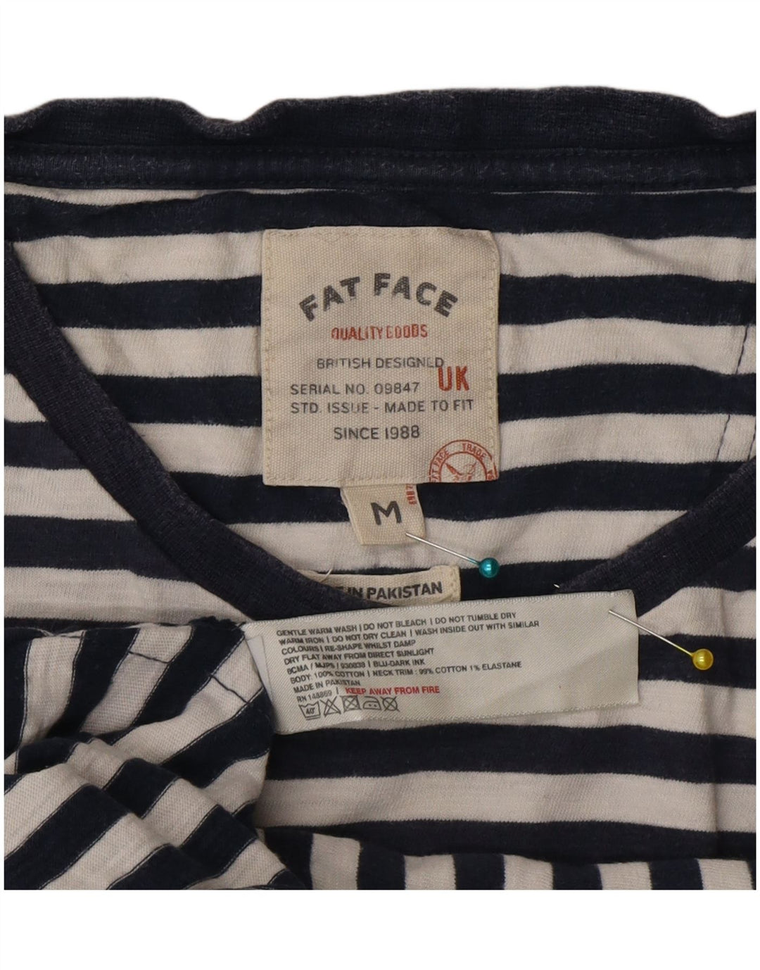 Fat Face Herre T-Shirt Top Medium Marineblå Nålestribet bomuld
