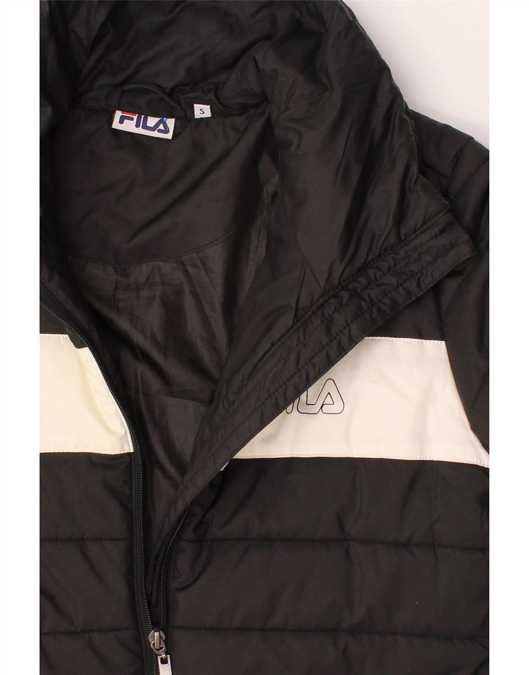 FILA Womens Graphic Padded Jacket UK 10 Small Black Colourblock Polyester Vintage Fila and Second-Hand Fila from Messina Hembry 