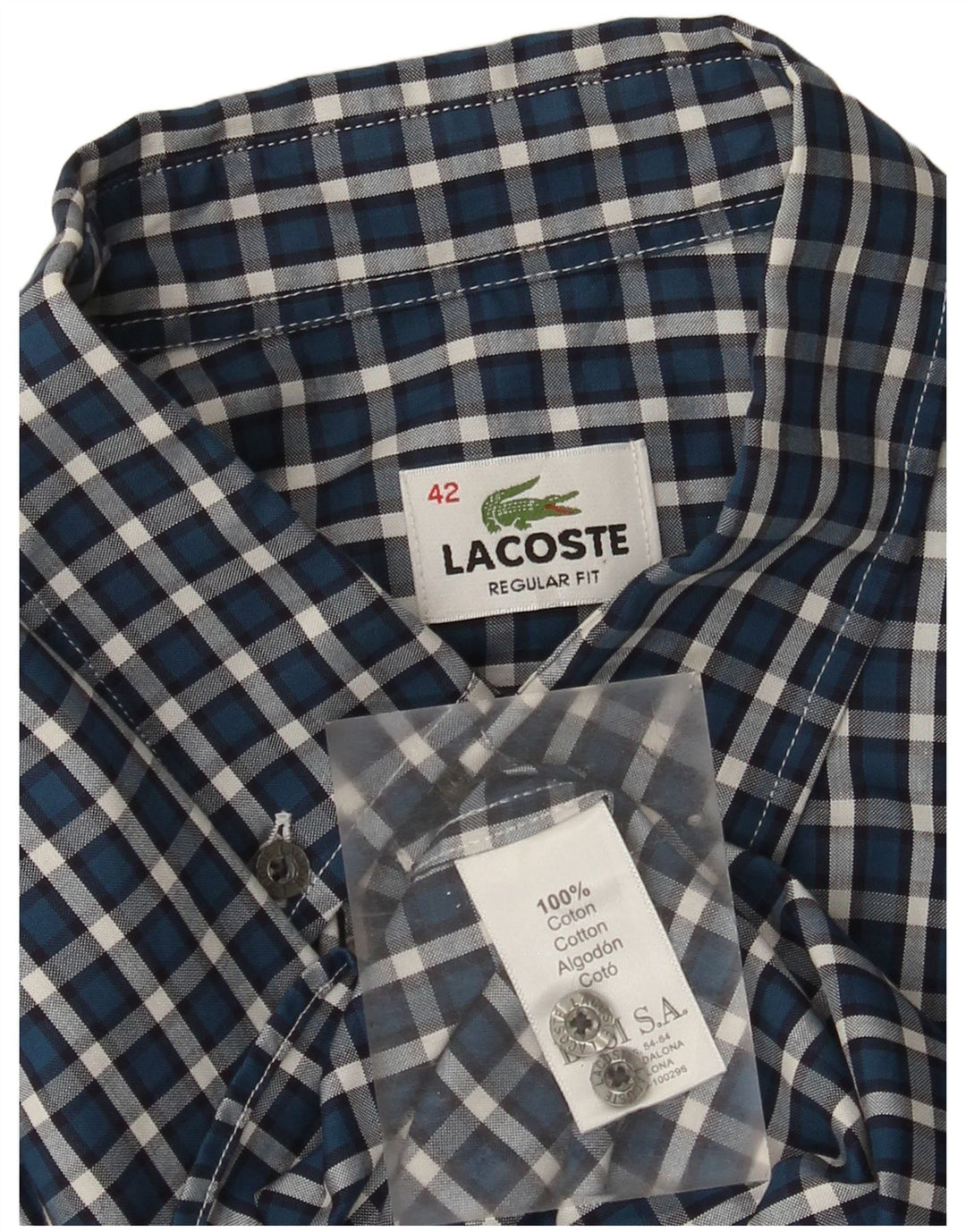 Lacoste Herre Regular Fit skjorte str. 42 Stor blå ternet bomuld