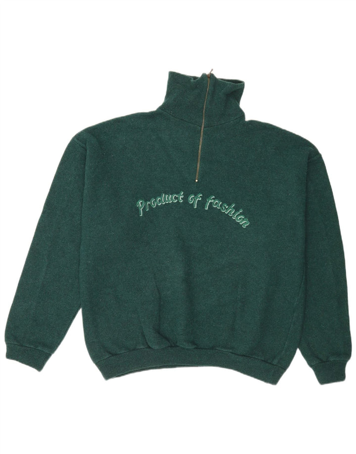 Vintage herre grafisk lynlås-hals sweater stor grøn