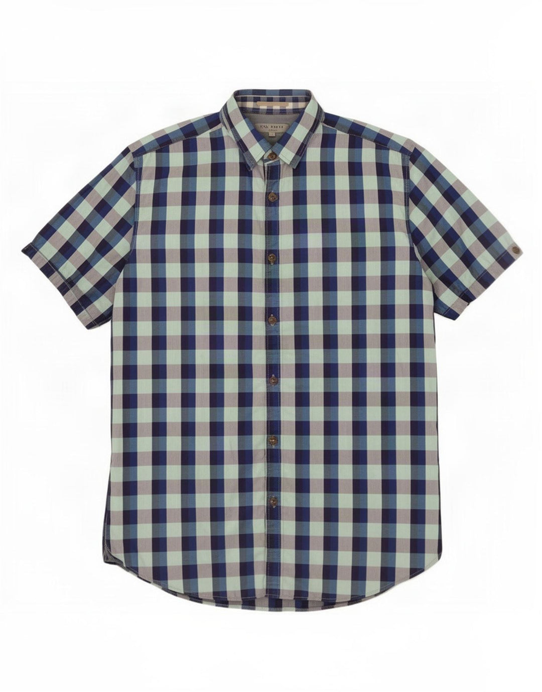 Ted Baker Herre kortærmet skjorte størrelse 4 Large Blue Gingham Cotton