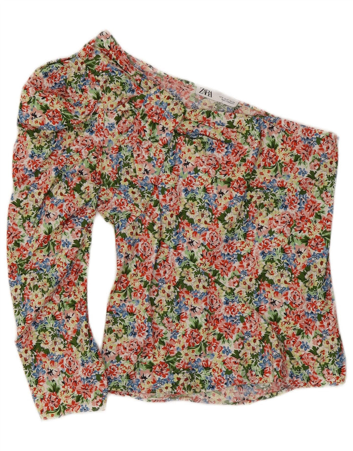 ZARA Dame One Shoulder Top UK 8 Small Multicolored Floral Bomuld