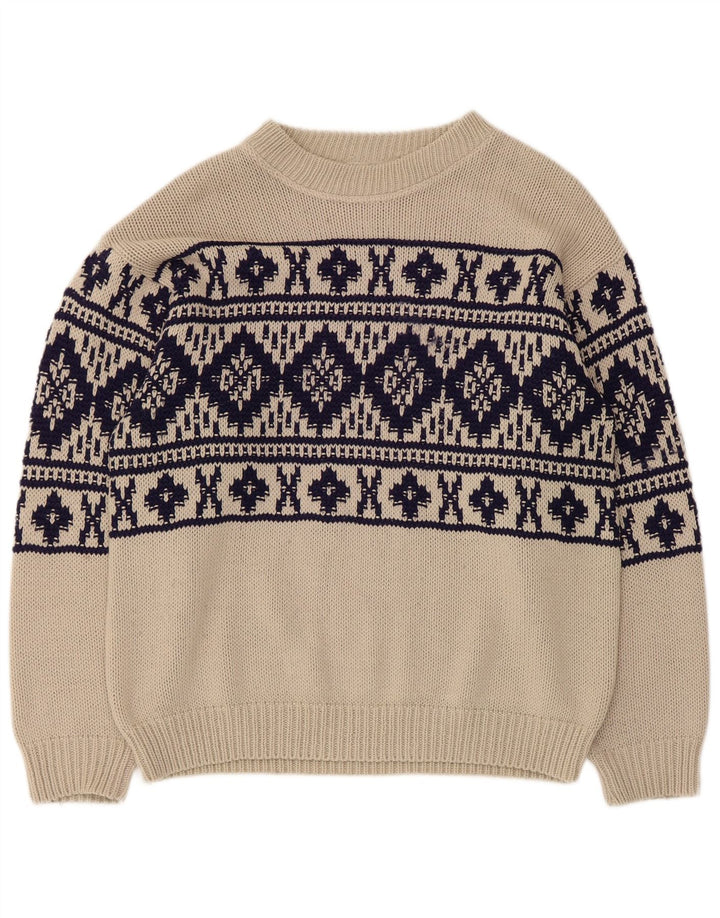 Vintage Herre Boat Neck Jumper Sweater Medium Beige Fair Isle