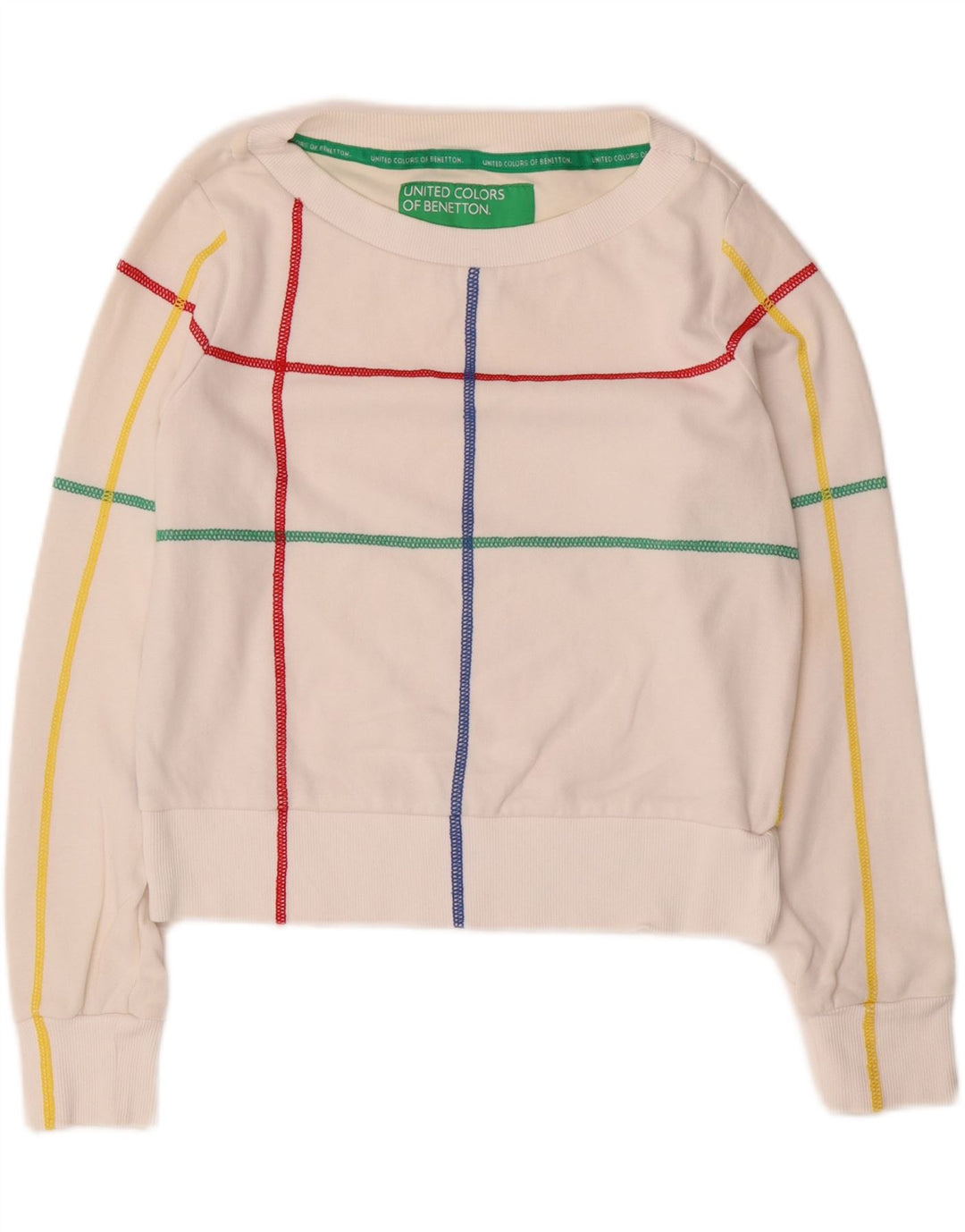 BENETTON Womens Crop Sweatshirt Jumper UK 10 Lille hvid stribet
