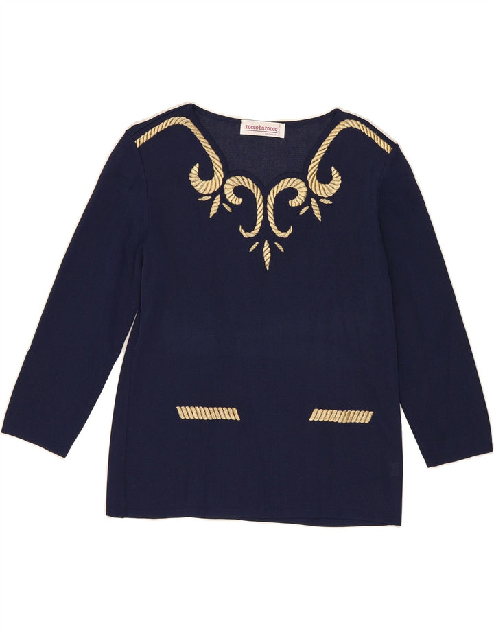 ROCCOBAROCCO Womens V-Neck Jumper Sweater IT 44 Medium Navy Blue Floral Vintage Roccobarocco and Second-Hand Roccobarocco from Messina Hembry 