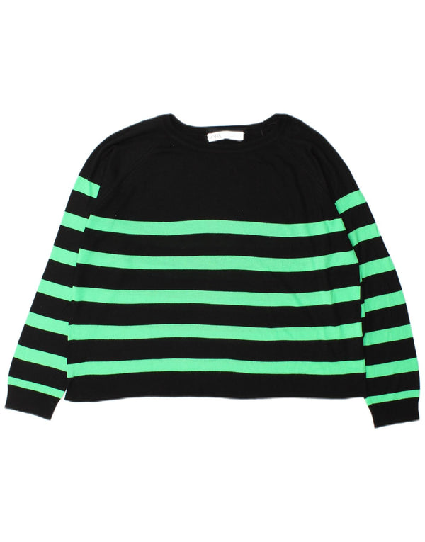 Zara Dame Boat Neck Jumper Sweater UK 14 Medium Sort Stribet Viscose