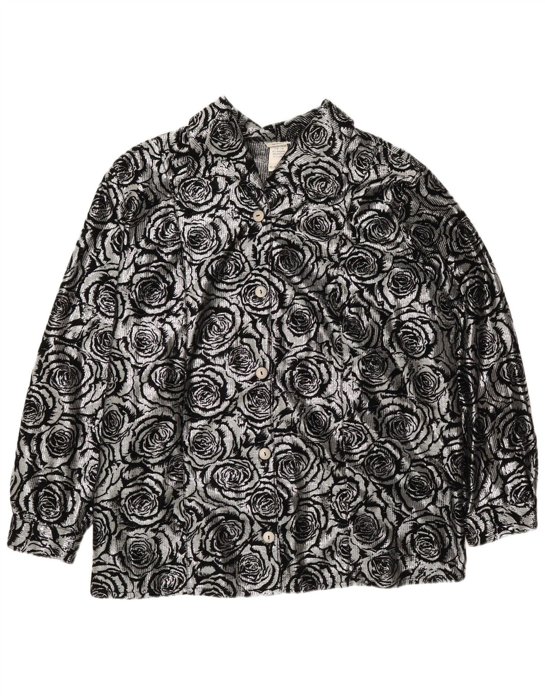 Vintage dameskjortebluse UK 28 6XL sølvblomstret polyester