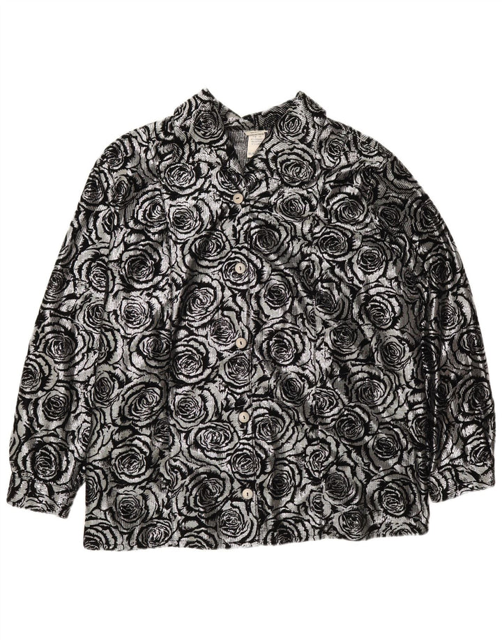 Vintage dameskjortebluse UK 28 6XL sølvblomstret polyester