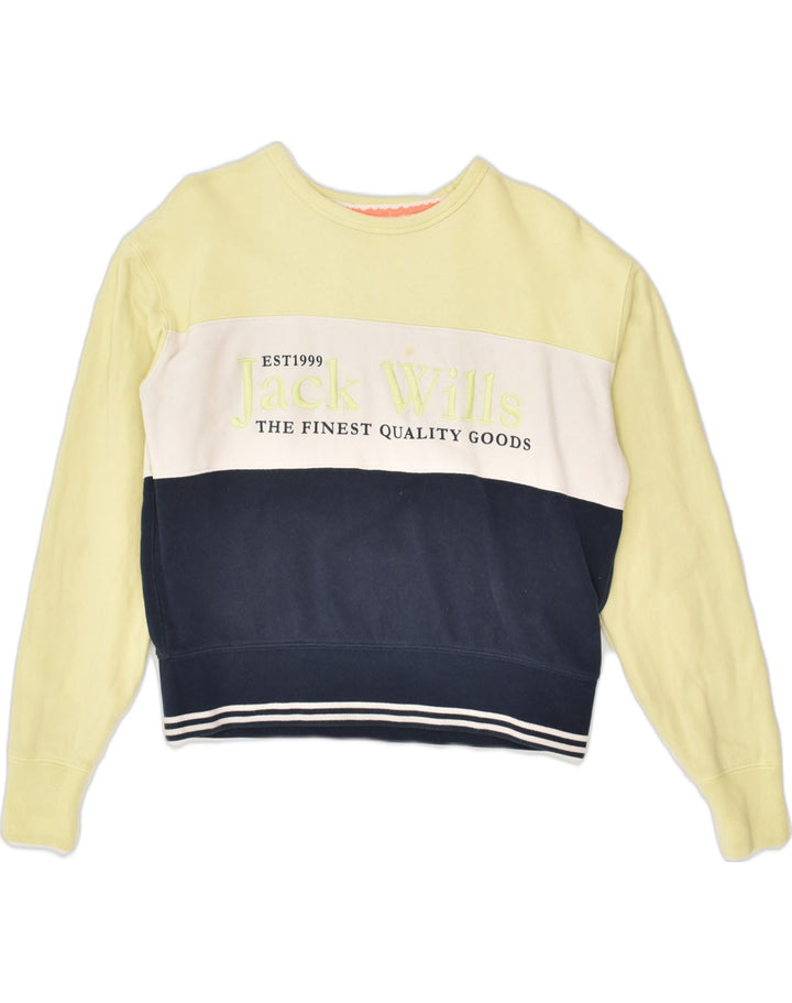 JACK WILLS Womens Graphic Sweatshirt Jumper UK 8 Small Yellow Colourblock | Vintage Jack Wills | Thrift | Second-Hand Jack Wills | Used Clothing | Messina Hembry 