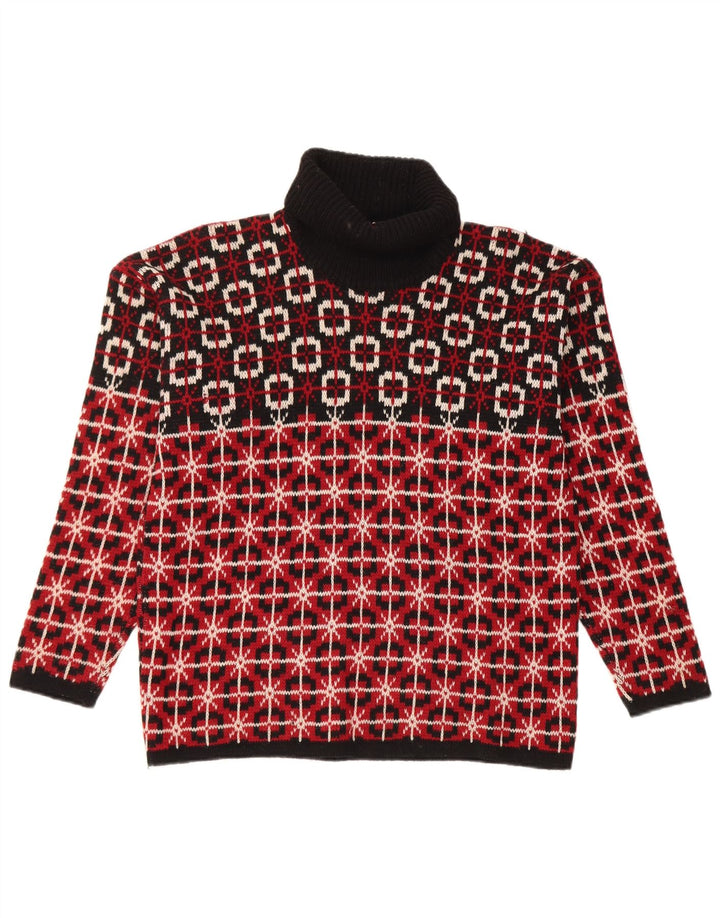 Vintage Dame Roll Neck Jumper Sweater UK 14 Medium Rød Geometrisk Ny Uld