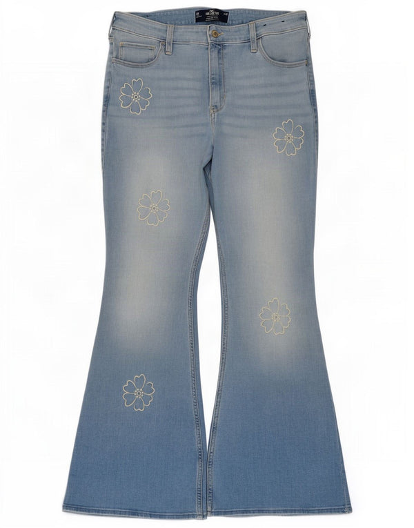 Hollister Kvinder Højtaljede Flared Jeans US 14 XL W32 L32 Blå Blomster Bomuld