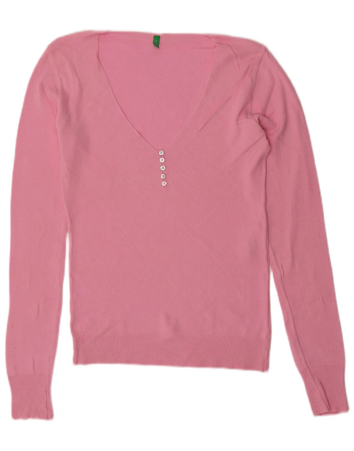 BENETTON Dame V-hals sweater UK 12 Medium Pink Bomuld