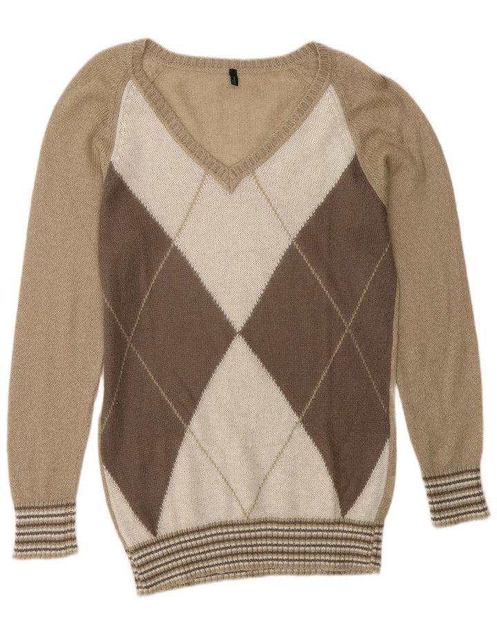 Benetton Dame V-hals sweater UK 14 Medium Beige Argyle/Diamond