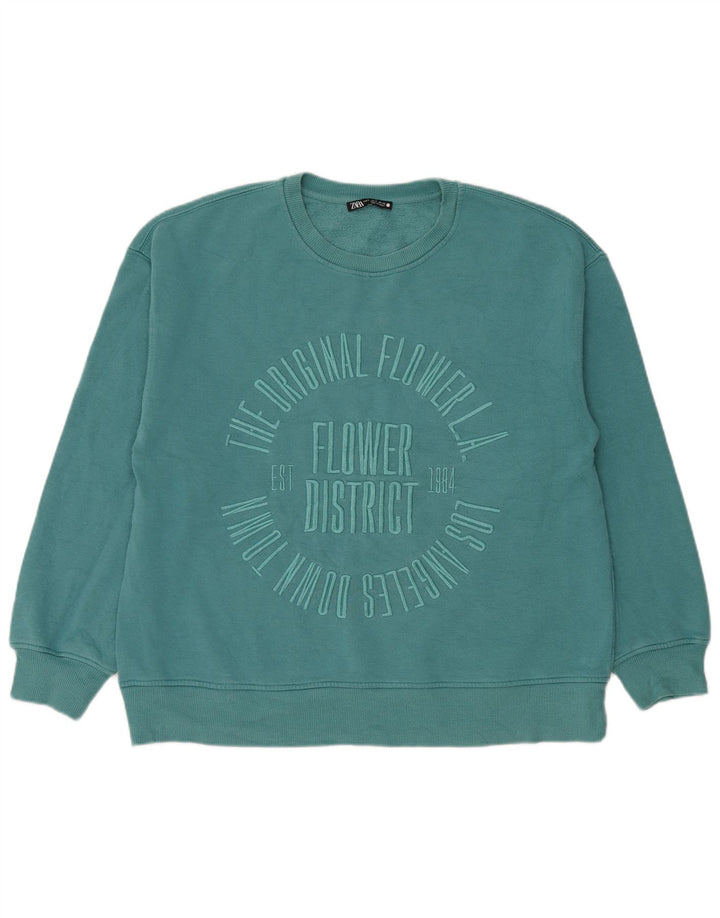 Zara Dame Grafisk Oversized Sweatshirt Jumper UK 10 Lille Blå Bomuld