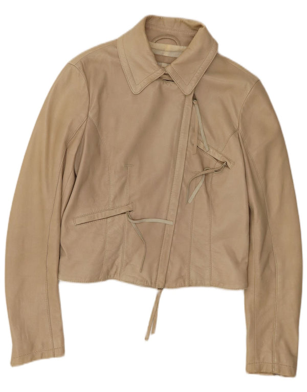 ARMANI JEANS Dame Crop Læderjakke UK 12 Medium Beige Læder