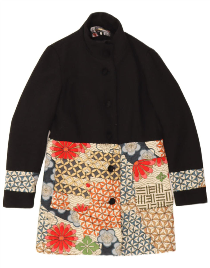 Desigual Dame Grafisk Overfrakke EU 40 Medium Sort Patchwork Uld