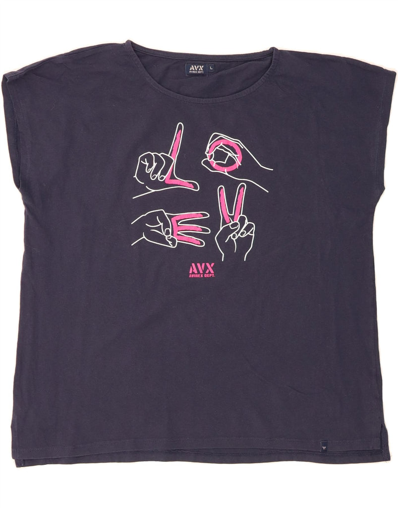 AVIREX Womens Graphic T-Shirt Top UK 16 Large Navy Blue Vintage Avirex and Second-Hand Avirex from Messina Hembry 