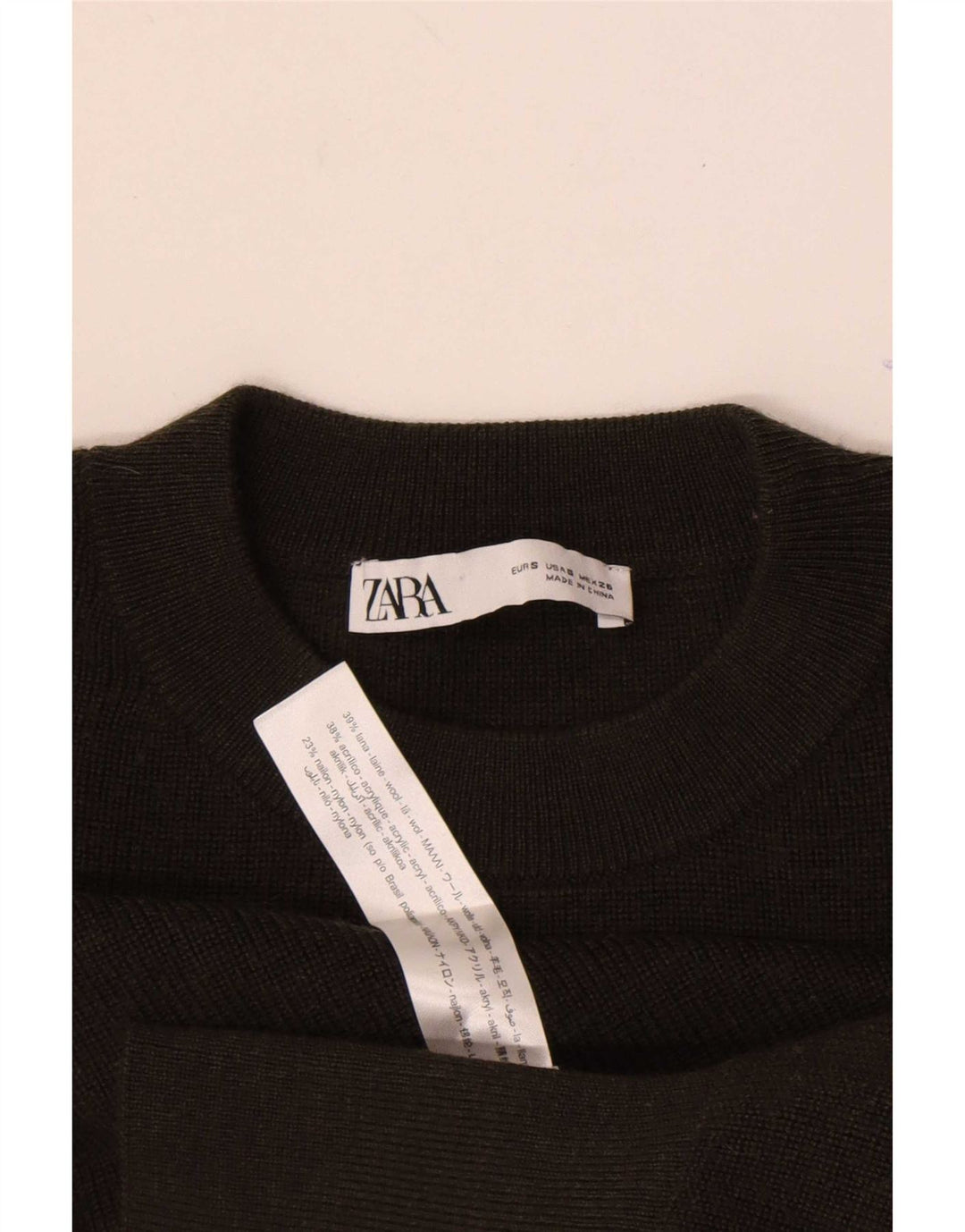 Zara Dame Batwing Crew Neck Jumper Sweater UK 10 Small Khaki Wool
