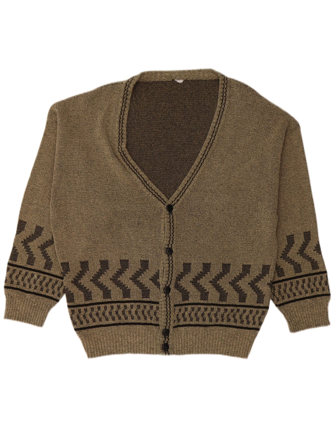 VINTAGE Herre Cardigan Sweater Stor Khaki Geometrisk Bomuld