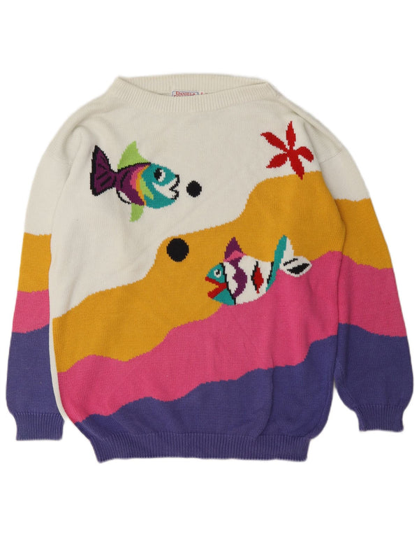 Vintage Dame Boat Neck Jumper Sweater EU 46/48 XL Hvid Colourblock