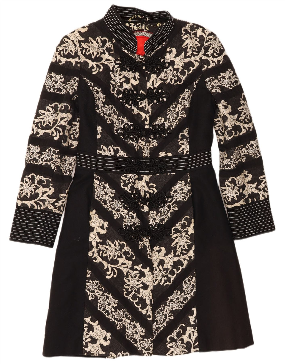 ST- MARTINS Womens Overcoat UK 14 Medium Black Floral Cotton