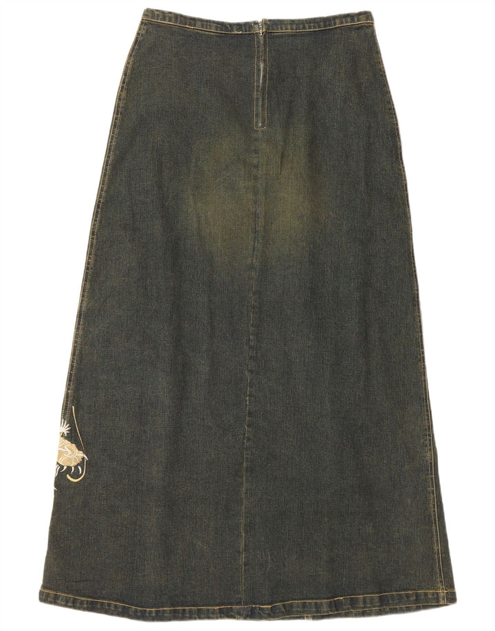 VINTAGE grafisk denimnederdel til kvinder UK 12 Medium W30 Blå bomuld