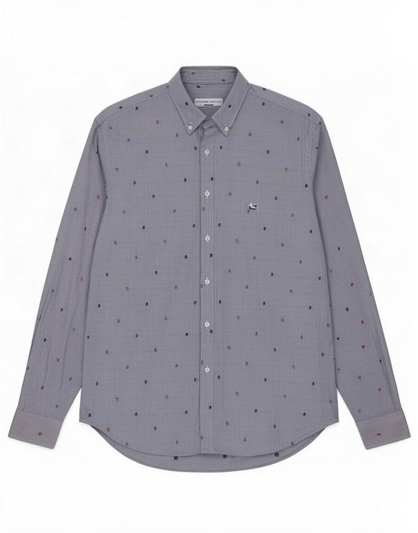 Etro Mens Shirt Size 40 Medium Navy Blue Pinstripe Cotton