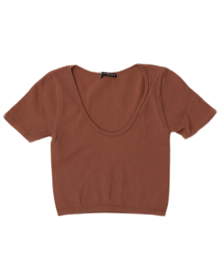Zara Womens Crop T-Shirt Top UK 12 Medium Brown