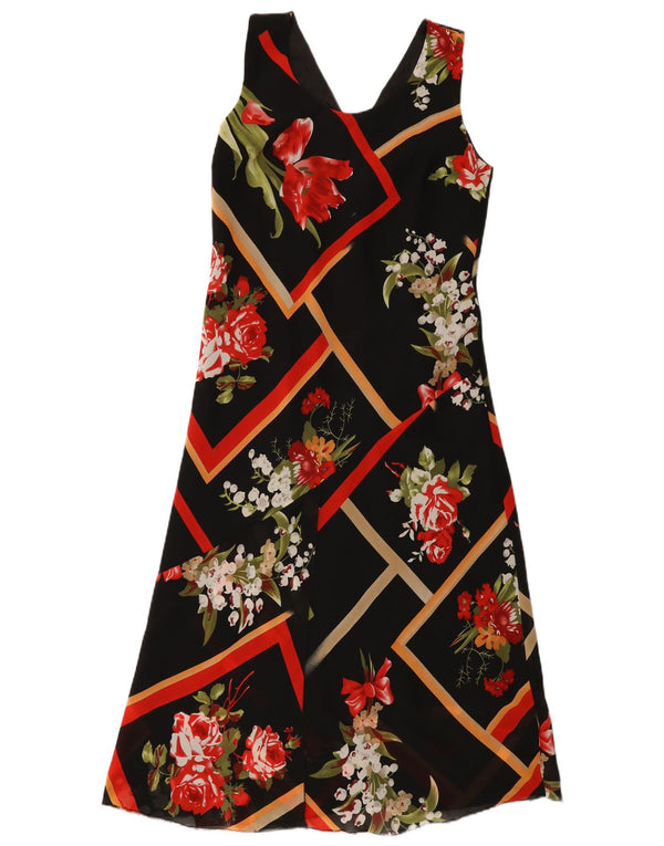 Vintage Kvinders Ærmeløs A-Line Kjole UK 14 Large Black Floral Viscose