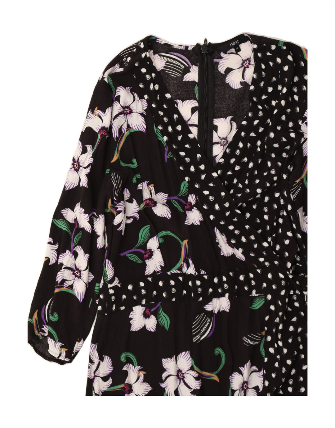 NEXT Womens 3/4 Sleeve Wrap Dress UK 12 Medium Black Floral Viscose Vintage Next and Second-Hand Next from Messina Hembry 