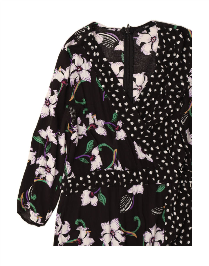 NEXT Womens 3/4 Sleeve Wrap Dress UK 12 Medium Black Floral Viscose Vintage Next and Second-Hand Next from Messina Hembry 