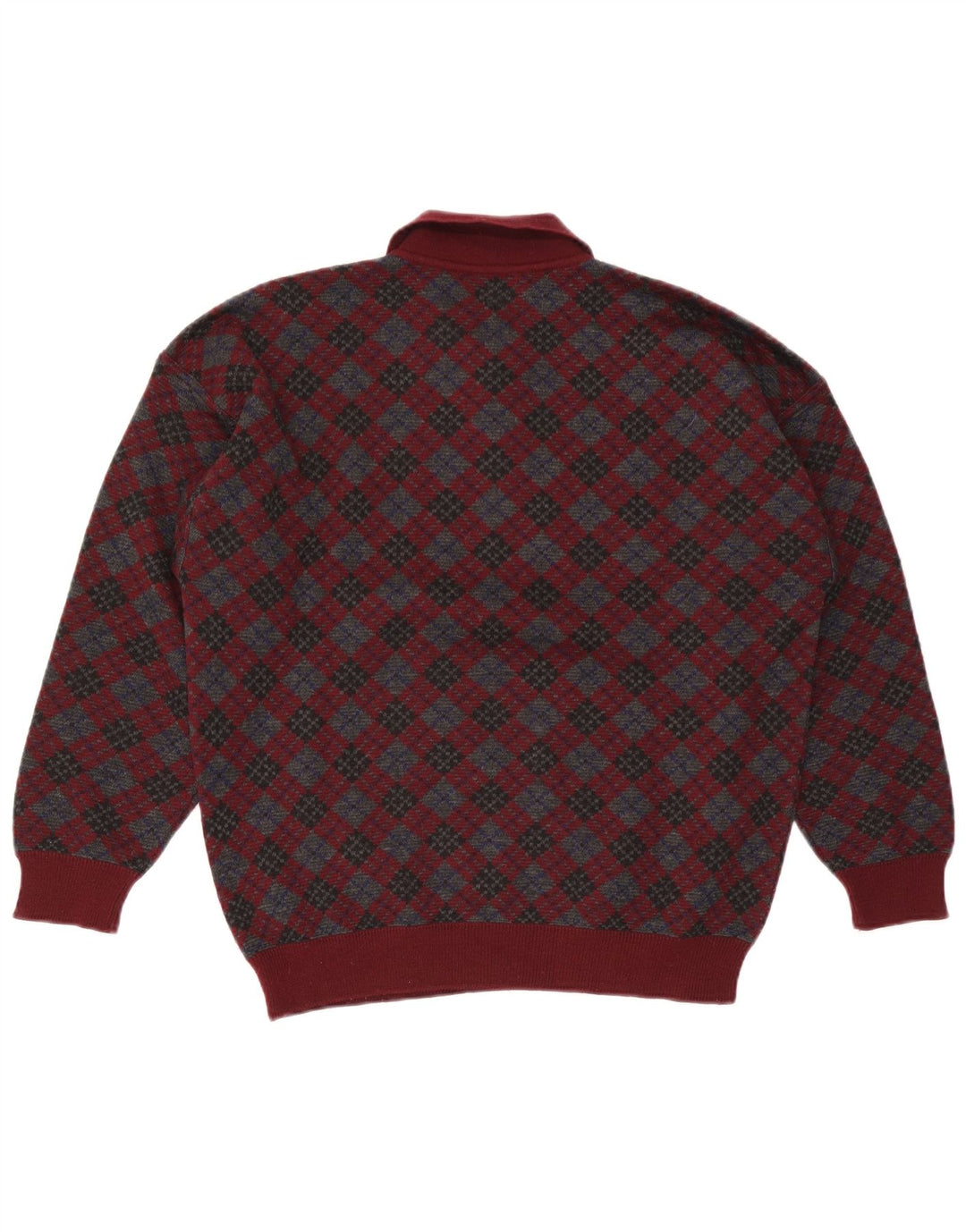 Stefanel Herre Polo Neck Jumper Sweater Medium Burgundy Argyle/Diamond Wool