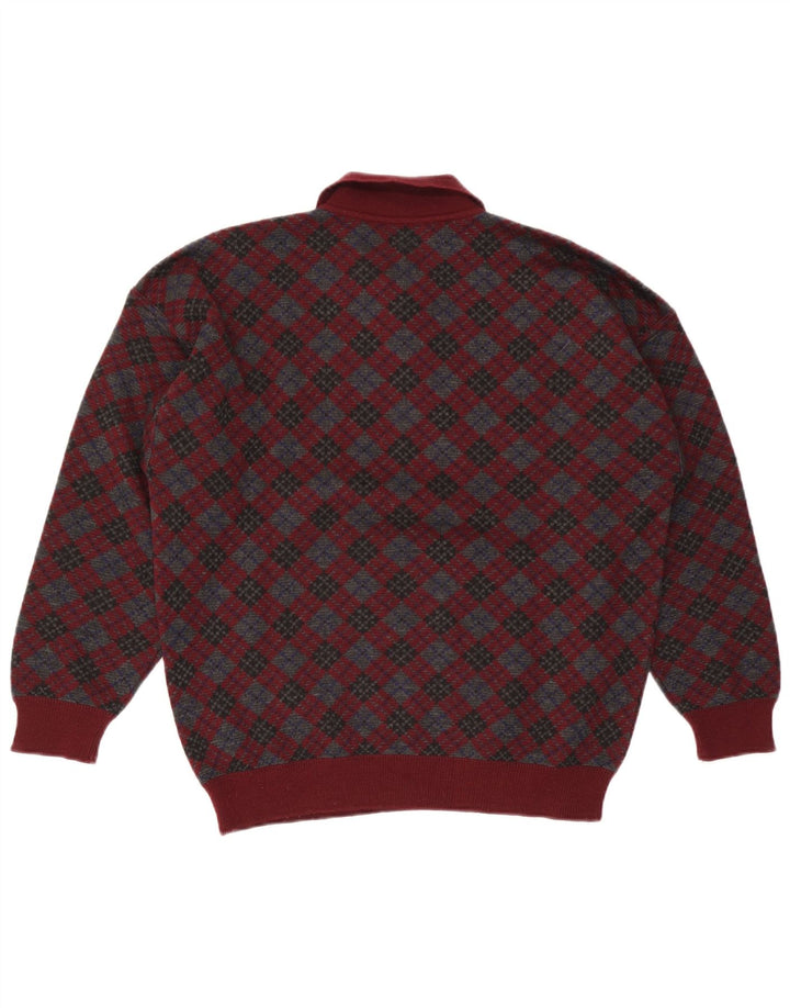 Stefanel Herre Polo Neck Jumper Sweater Medium Burgundy Argyle/Diamond Wool