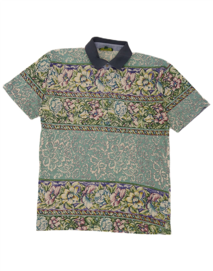 Vintage herre poloshirt mellemgrøn blomstret bomuld