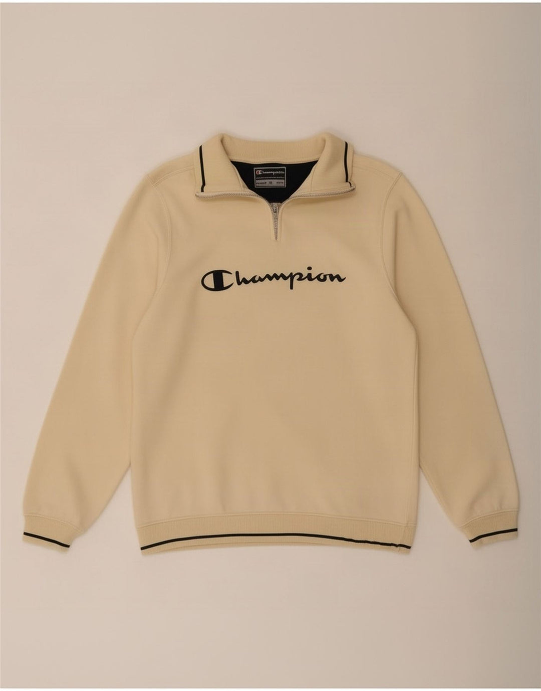 Champion Herre grafisk lynlås-hals sweatshirt jumper lille beige bomuld