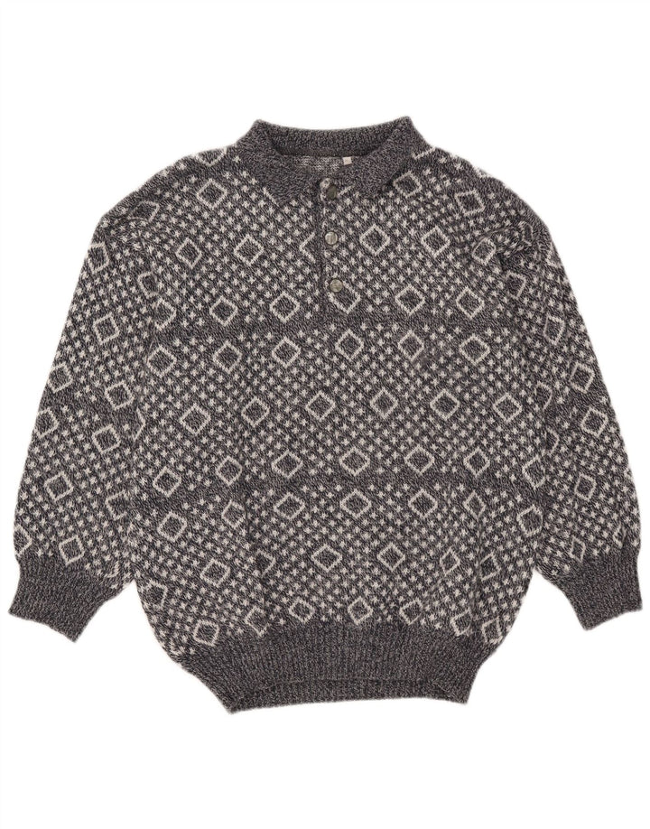 Vintage Herre Polo Neck Jumper Sweater XL Grå Argyle/Diamond
