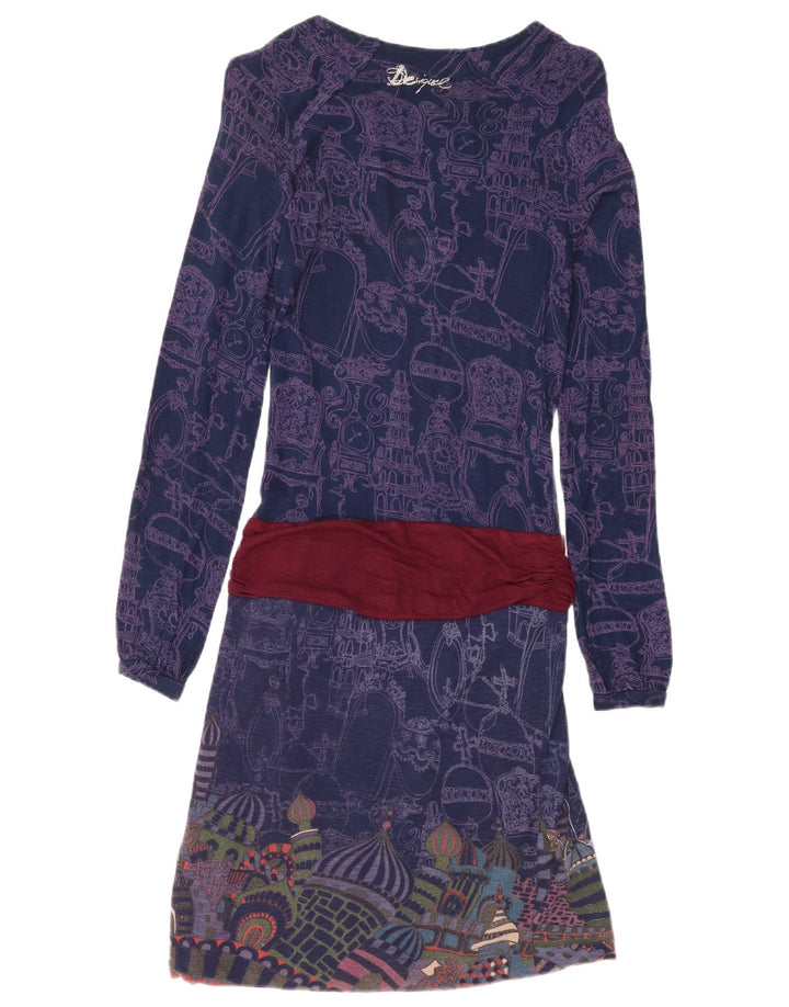 Desigual Kvinders abstrakt mønster Drop Waist Dress UK 8 Small Navy Blue