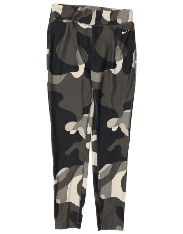 Nike Dame Dri Fit Leggings UK 14 Large Grå Camouflage Polyester