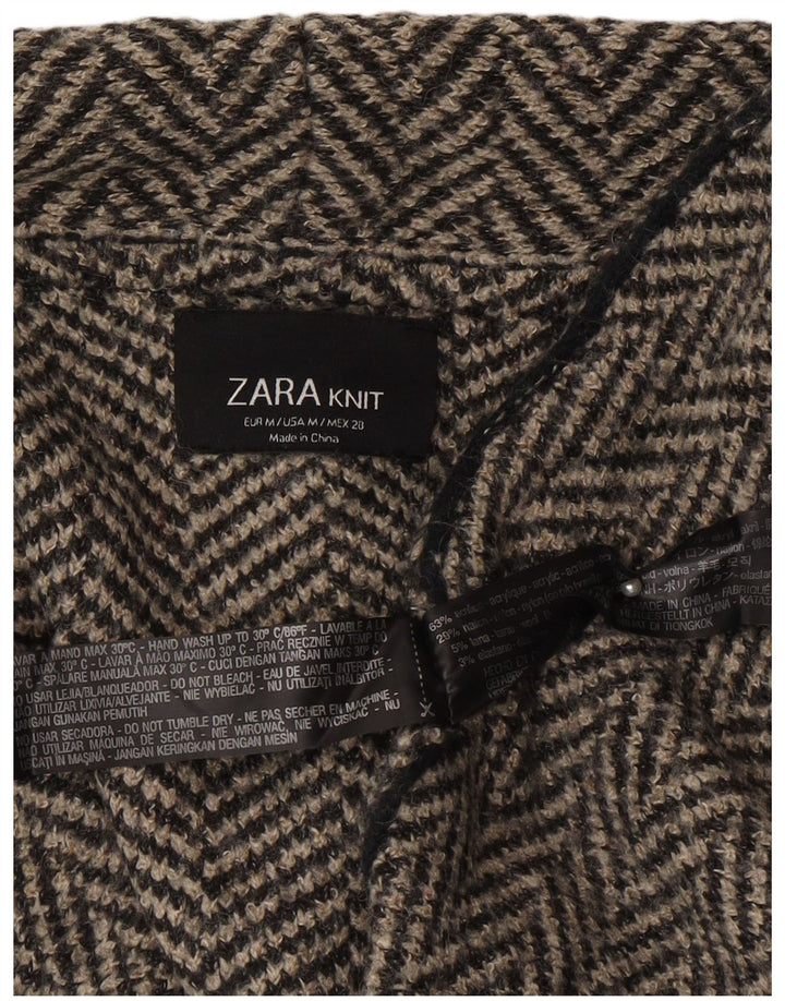 Zara Womens Open Cardigan Sweater UK 14 Medium Grey Herringbone Acryl