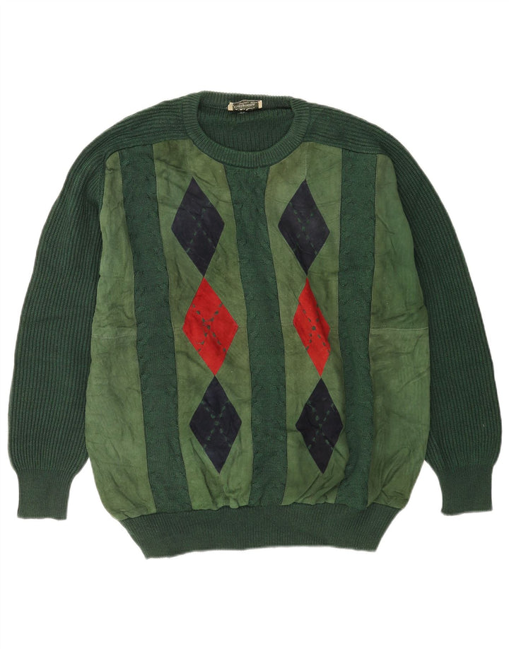 Vintage Herre Crew Neck Jumper Sweater IT 52 Large Green Argyle/Diamond