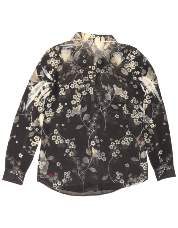 Guess Dame Se Through Shirt Bluse UK 14 Medium Black Floral Polyester