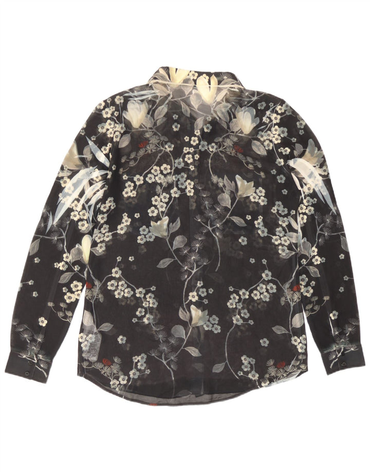 Guess Dame Se Through Shirt Bluse UK 14 Medium Black Floral Polyester