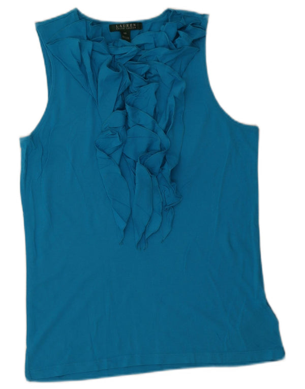 Ralph Lauren Dame Flæse foran ærmeløs bluse Top UK 6 XS Blå Bomuld
