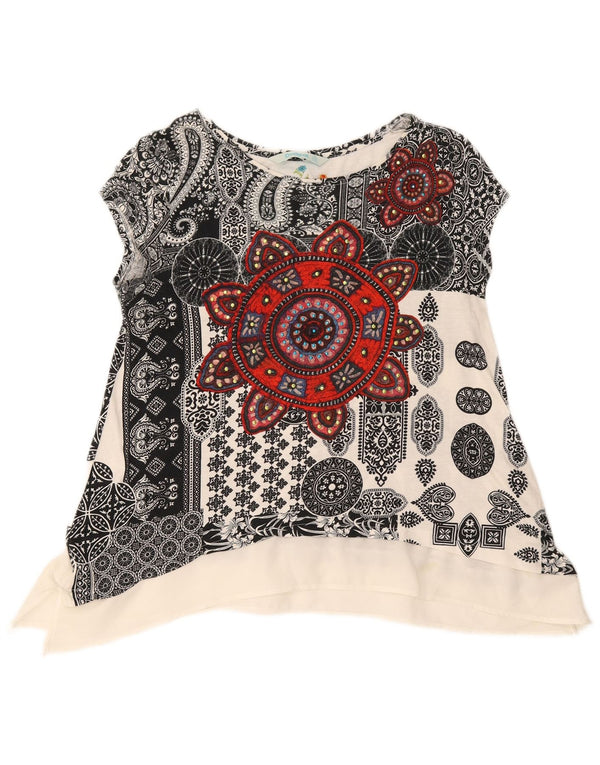 Desigual Dame Asymmetrisk Bluse Top UK 12 Medium White Paisley Cotton