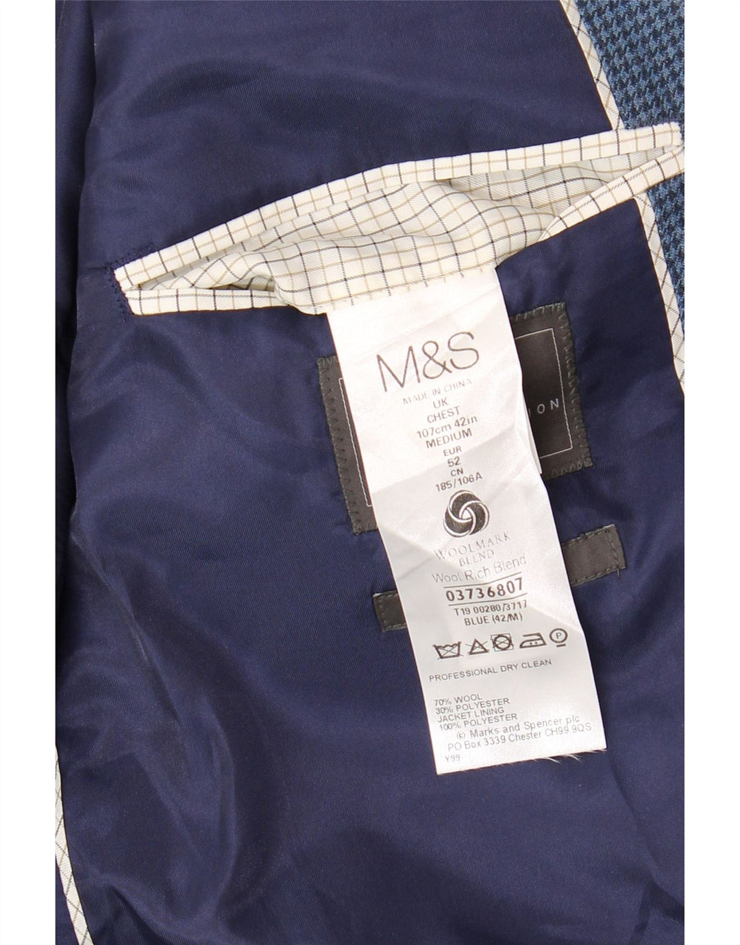 MARKS & SPENCER Blazerjakke til mænd med 2 knapper UK 42 Stor blå hundtand