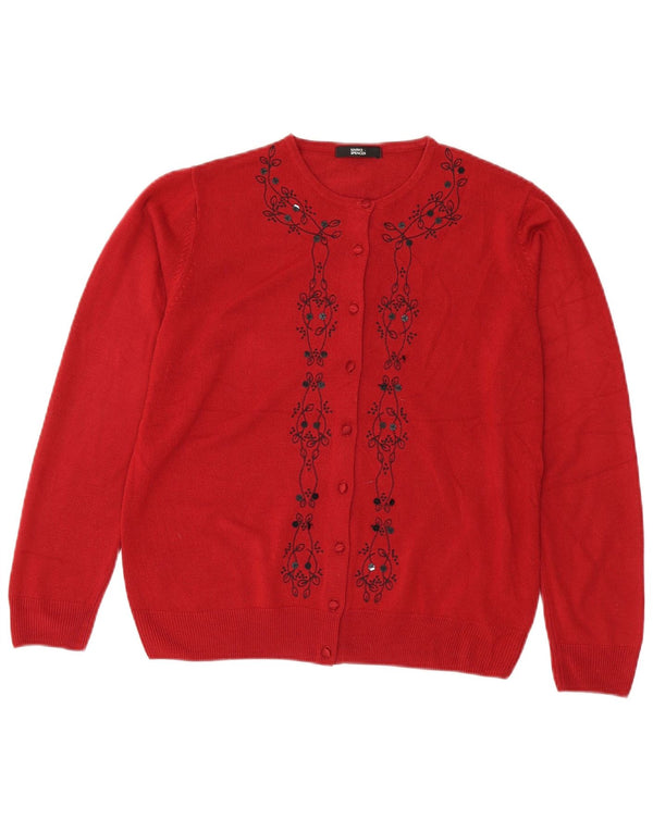 Marks & Spencer Dame Cardigan Sweater UK 14 Medium Red Floral Acryl