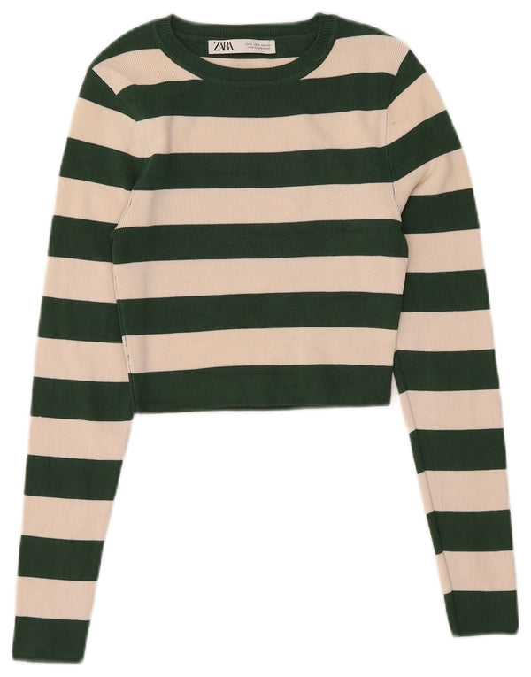 Zara Dame Crop Top Langærmet UK 8 Lille Grøn Stribet Viscose