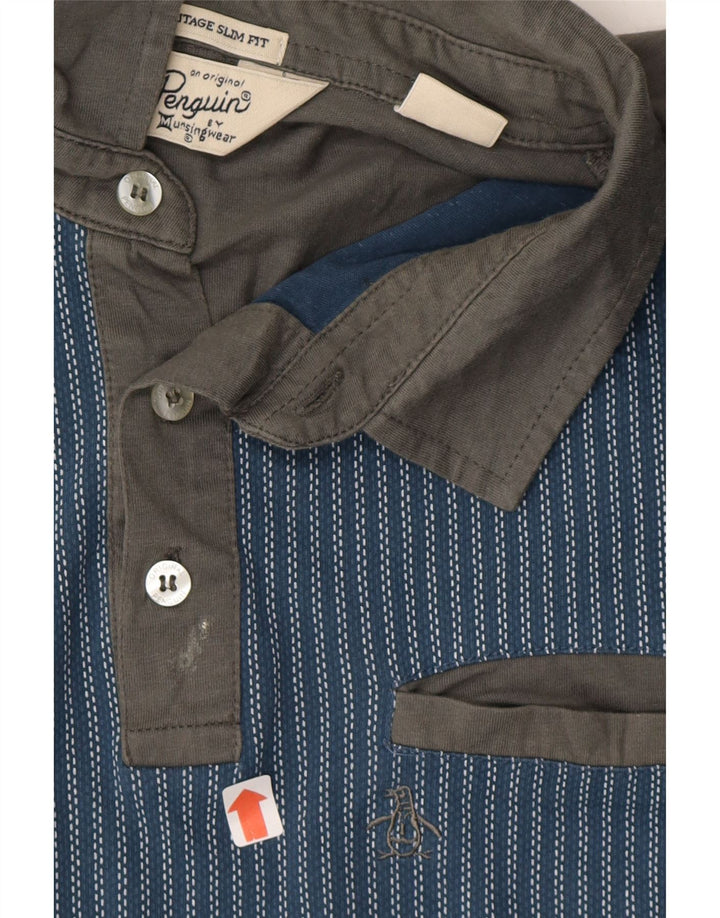 PENGUIN Mens Slim Fit Polo Shirt 2XL Blue Striped Vintage Penguin and Second-Hand Penguin from Messina Hembry 