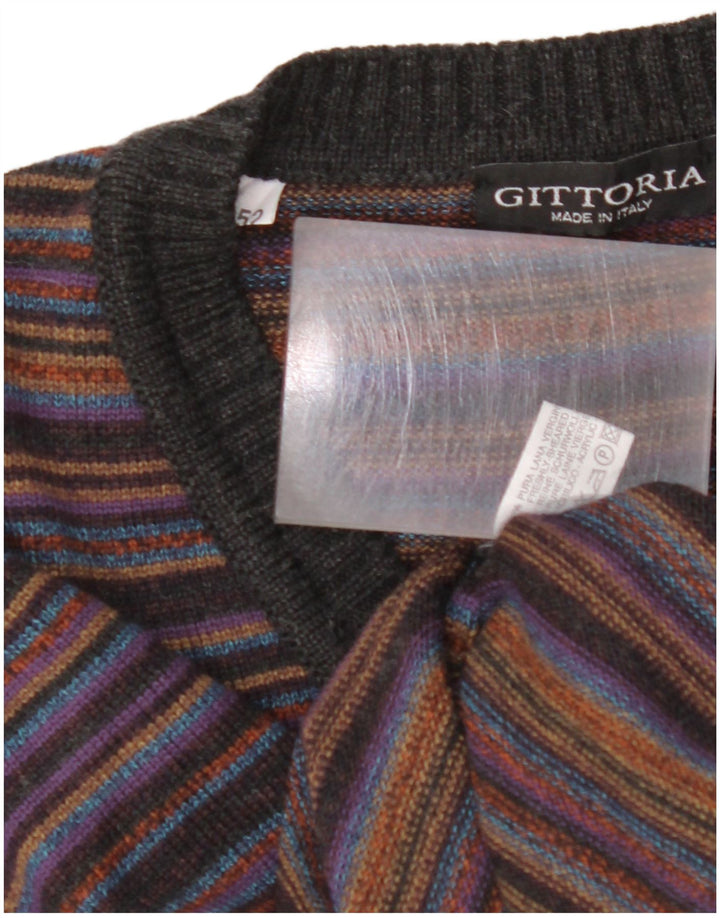 VINTAGE Herre V-hals sweater IT 52 Stor flerfarvet stribet uld