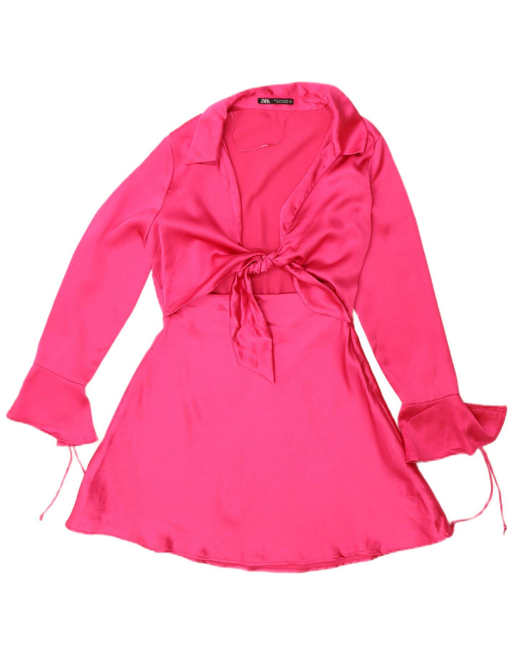 Zara Dame Langærmet A-Line Kjole UK 14 Medium Pink Polyester